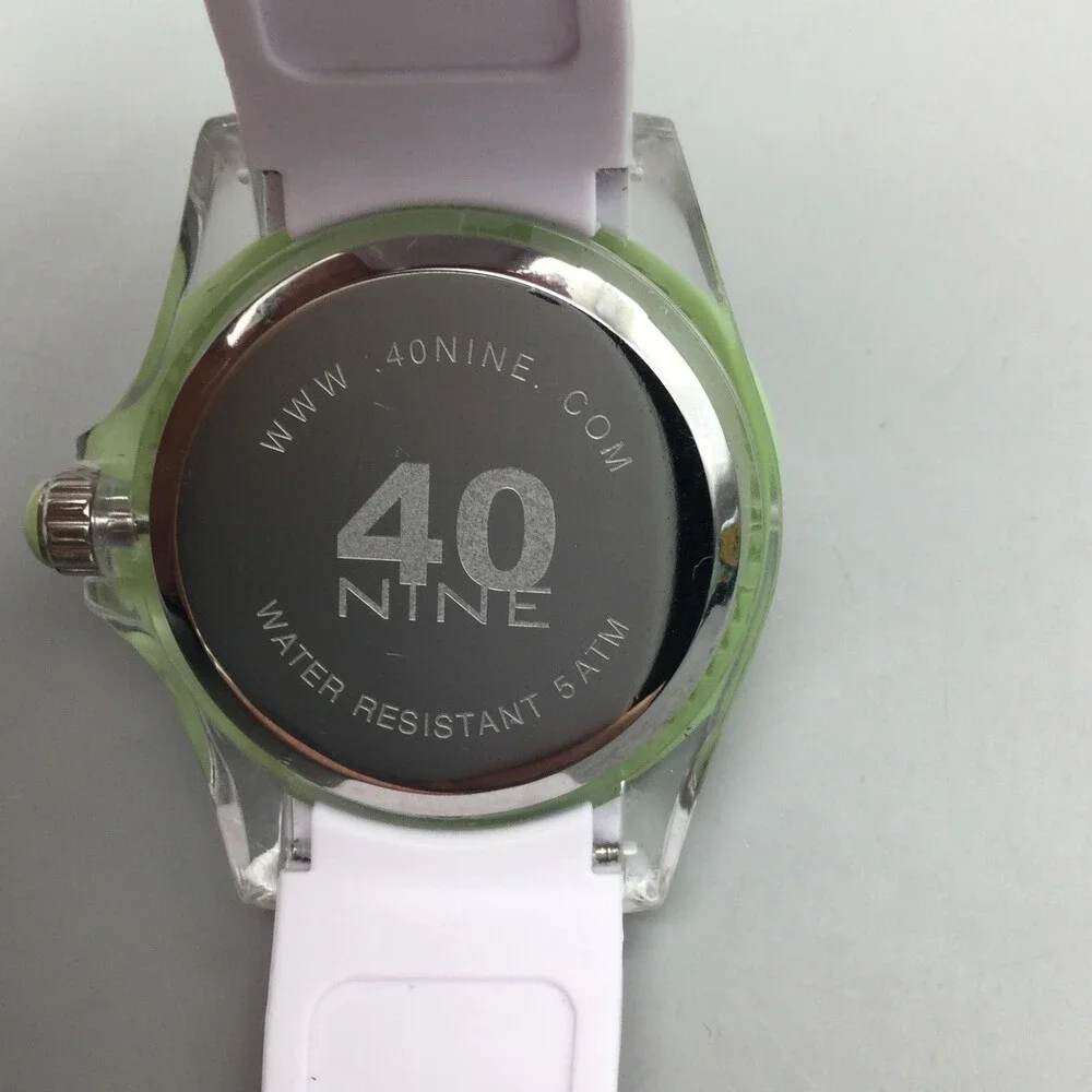 40nine Mens Watch 43mm White Dial Green Bezel White Silicone Date New Battery